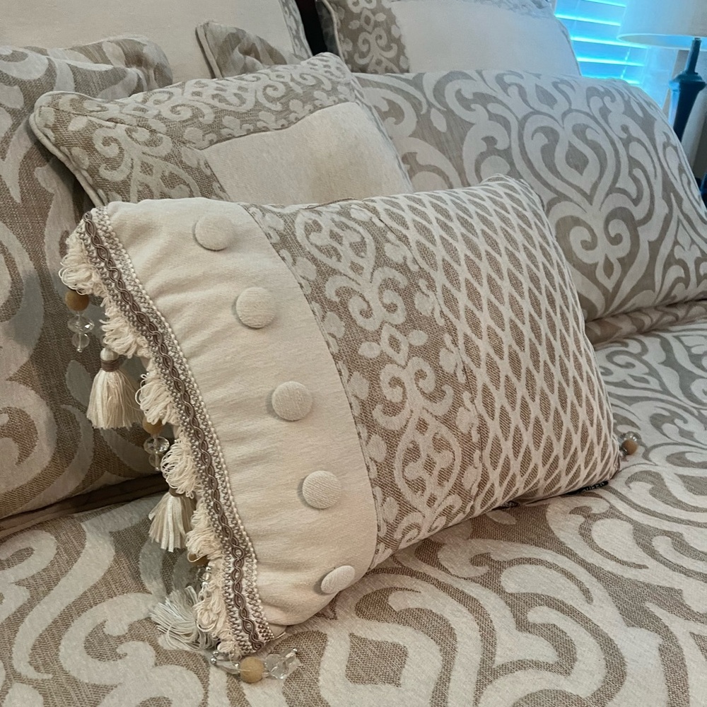 COPY - 2 beautiful decorative pillows. three euros shams and a king bed skirt.